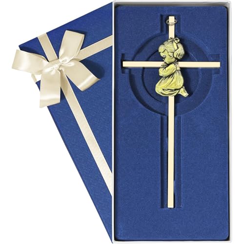 Tryuunion Baby Wall Cross Baptism and Christening Gifts for Girl, 7-inch Olive Golden Blessing Catholic Girl Baptism Crosses for First Holy Communion, and Dedication Baptismal Gifts from Godparents