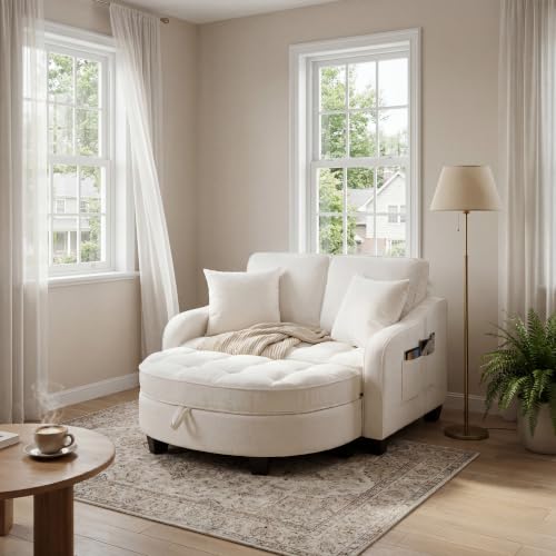 Image of ERYE Chenille Tufted Loveseat Sofa and Ottoman Set, Tufted Recliner Sleeper Chaise Lounge with Curved Storage Ottoman,Reclining Backrest and Side Pockets, 4 Pillows