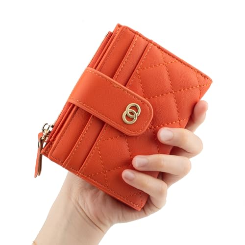 Women's Quilted Card Holder Wallet Small Soft PU Leather Orange Wallets for Women with RFID Blocking and Zip Coin Pocket3