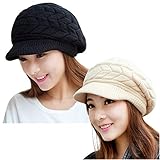 YSense Wear 2 Pack Women Winter Warm Knit Hat Slouchy Beanie Cap with Visor, Black&Beige