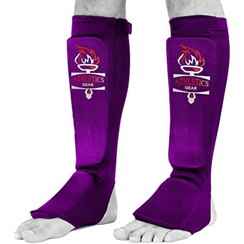 Shin Guards (Pair) by Athletics Gear - Shin Pads Instep for MMA, Kickboxing, Muay Thai - Poly Cotton Material, EVA Foam Padding, lightweight design, Secure Velcro Closure System (Purple, Medium) Cover