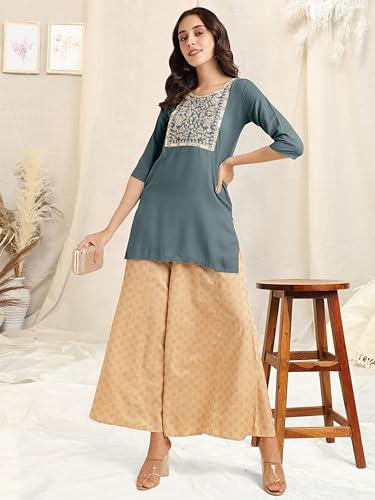 Image of MIRCHI FASHION Women's Straight Fit Rayon Sequins Embroidered and Polka Dots Printed Kurti Only