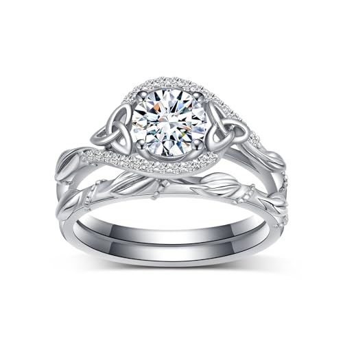 S925 1.12 Carat(ctw) Moissanite Wedding Ring Set for Women,18K White Gold Platinum Plated Celtic Knot Engagement Ring Sets Bridal Ring Set Her Gift for Wedding Anniversary Christmas