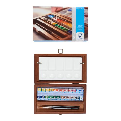 24 N&auml;pfchen Feine Van Gogh K&uuml;nstler Aquarellfarben im Holz-Aquarellkasten incl. Pinsel und Mischpalette Geschenkset