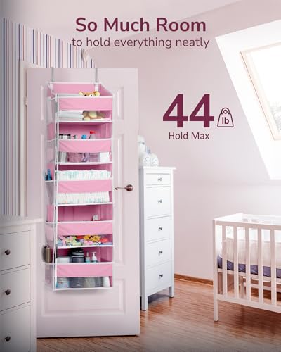 Image of ULG 1 Pack Over Door Organizer with 5 Large Pockets 10 Mesh Side Pockets, 44 lbs Weight Capacity Hanging Storage Organizer with Clear Window Kids Toys, Shoes, Diapers, Pink