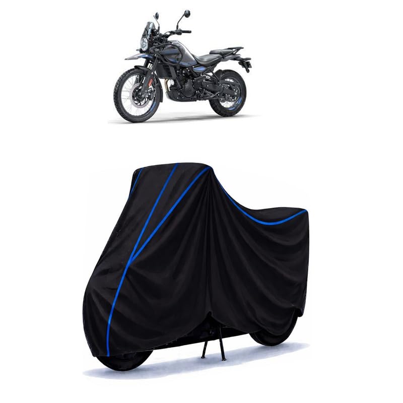 Image of Himalayan 450 Pass Bike Cover Water Resistant Universal Motorcycle Rain | Heavy Duty UV Protection, Dust, Scratch Indoor Outdoor All Weather with Black Blue Piping Elastic