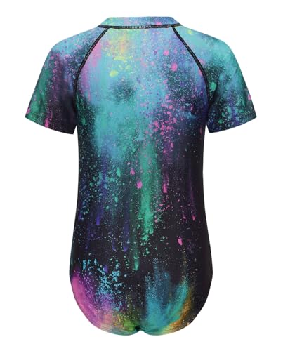 Image of Girls One Piece Rash Guard Swimsuits for Kids Girls Short Sleeve Bathing Suits with Front Zipper Swimwear 3-16 Years