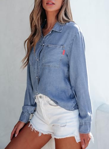 Sidefeel Women's Denim Shirts Button Down Jean Shacket Spring Outfit 2025 Long Sleeve Chambray Blouse Top3