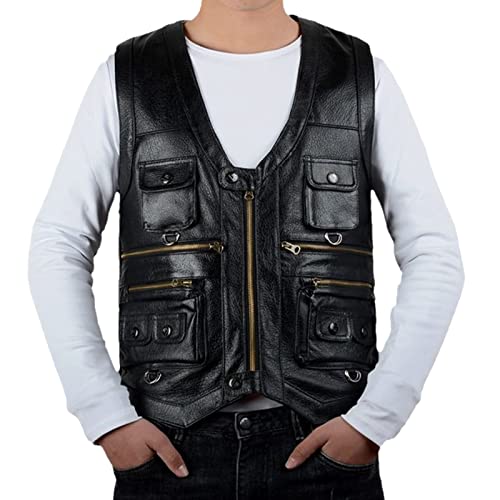 Chaleco de cuero de vaca para hombre con bolsillos seguros y ajuste holgado en negro XXXL