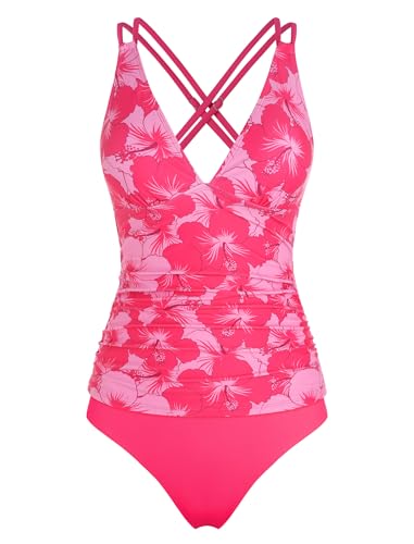 Image of ZAFUL Womens Tankini Swimsuits V Neck Push Up Swim Top Color Block Tummy Control High Waisted Bathing Suits Swim Bottom