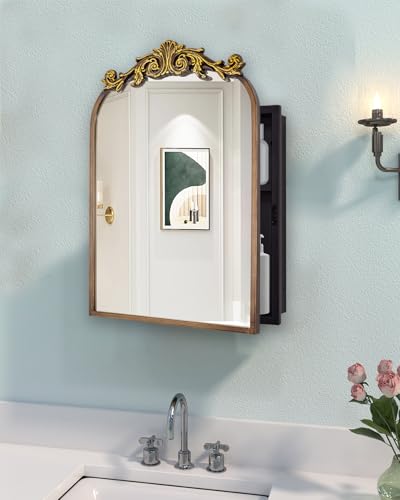 16x24 Inch Recessed or Surface Mount Medicine Cabinet Mirror with Vintage Bronze Carving & Hand-Painted Aluminum Frame, All-Metal Construction, 2 Shelves, Arched Mirror for Bathroom, Entryway, Hallway