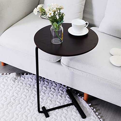 Phoenancee C Shaped Side Table For Sofa,Couch End Table That Slide Under For Living Room Bedroom,Small Laptop Snack Coffee Tables,Rustic Round Tabletop With Solid Iron Frame,Black-Brown #TOP3