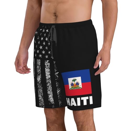 FKHARRIS Haiti Flag Haitian Flag Men's Swim Trunks with Pockets Bathing Suit Board Shorts Swimwear Long Shorts -2