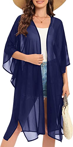 Image of Indian Trendy Women's Solid Puff Sleeve Kimono Long Cardigan Loose Cover Up Casual Blouse Top Chiffon