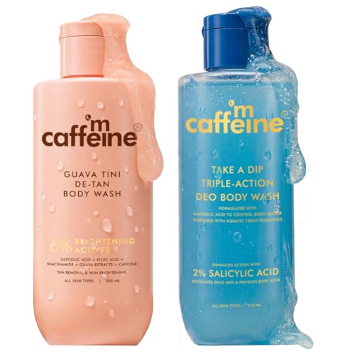 Image of mCaffeine Take a Dip Deo Body Wash with Mandelic and Salicylic Acid Keeps You Odour-Free for up to 6 Hours & Guava Tini 6% Brightening Actives De-Tan Body Wash Reduces Tan, Brightens Skin