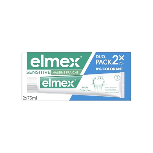 ELMEX - Pâte Dentifrice Elmex Sensitive Haleine Fraîche 0 % Colorants - Dents Sensibles, Gencives Douloureuses, Protection de l'Email - 2 x 75 ml