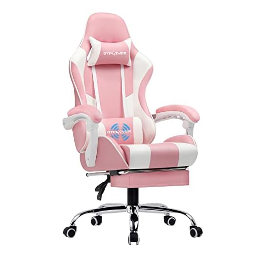 GTPLAYER Sedia Gaming Massaggiante Sedia da Gaming con Poggiapiedi Poggiatesta & Cuscino Lombare Massaggio Adatto per giochi di Studio e lavoro Rosa