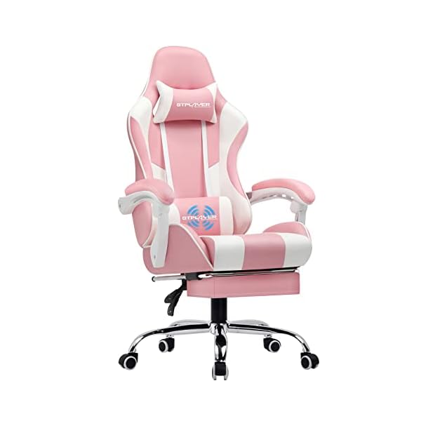 GTPLAYER Gaming Chair, Computer Chair with Footrest and Lumbar Support, Height Adjustable Game Chair with 360°-Swivel Seat and Headrest and for Office or Gaming (Pink)