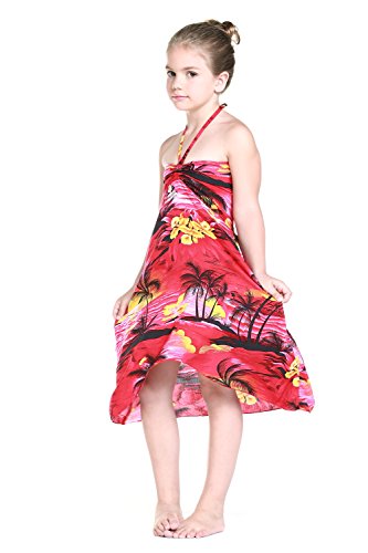 Girl Hawaiian Halter Dress in Red Sunset3
