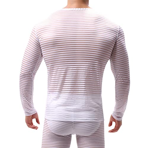 Sexy Mesh T Shirt Mens Transparent Long Sleeve See Through Striped Sleep Undershirts Perform Top Tees Nightwear4