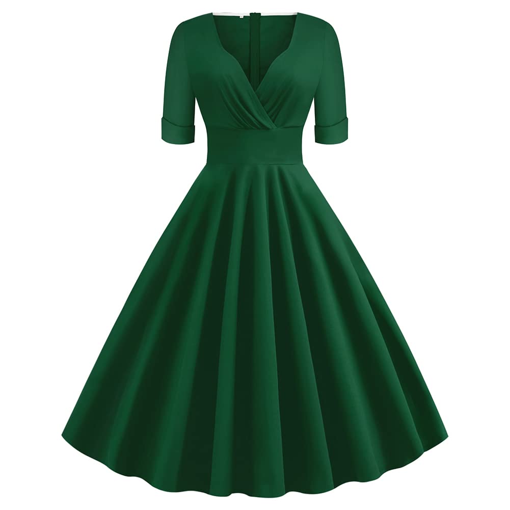 Women Double Breasted Notch Lapel 50s Vintage Short Sleeve Cocktail Swing Dress Polka Dot