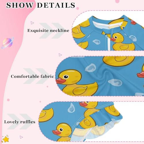 Yellow Duck on Blue Background Girls Long Sleeve Swimsuit Rash Guard One Piece Bathing Suits Zipper 3-12T4