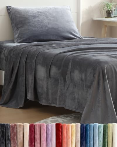 Image of Fleece Sheets Twin Size Set - 3-Piece Velvet Flannel Sheet Set - Dark Grey