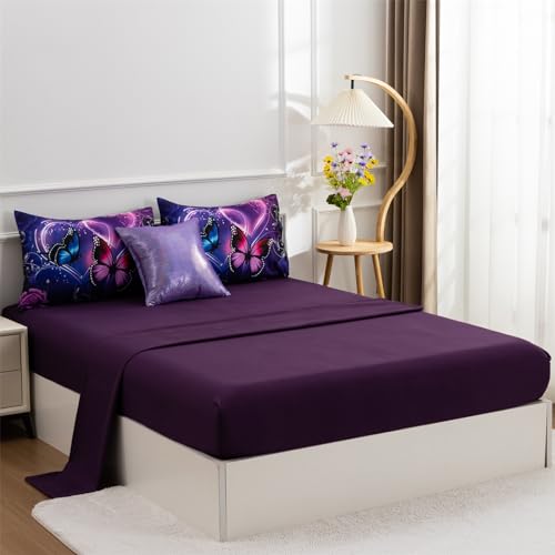 Image of A Nice Night Purple Galaxy Butterfly 6pc Bedding Girls Comforter Sets,Queen | 3D Butterflies Printed ,Bed In A Bag With Sheet Sets,Ultra Soft,Machine Washable,For Boys Girls Teen,All Seasons