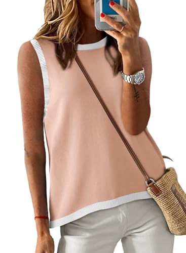 Image of Dokotoo Womens Summer Tops 2026 Casual Striped Color Block High Neck Tank Top Loose Knit High Low Sleeveless Shirts Blouses
