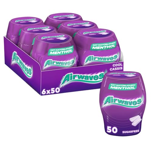Airwaves Kaugummi Zuckerfrei, Cool Cassis Gum, 6 x 50 Dragees, Großpackung Chewing Gum, Mit Natürlichem Menthol, Kaugummi ohne Zucker mit Minz Frische (300 Dragees)