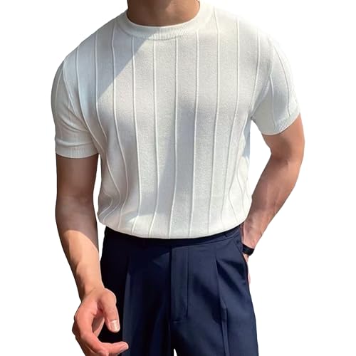 Men Round Neck Straight Pullover Tops Classic Short Sleeve Knit Sweater Summer Classic Comfortable Knitted Tees (White,3X-Large)