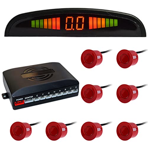 Riloer Car Front and Rear Security Reversing Radar Kit, LED Display Buzzer Alarm 8 Sensor Front and Rear Parking Sensor Prompt for Cars (Red)
