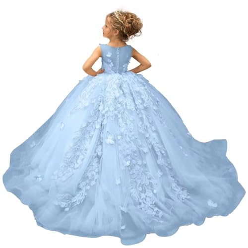3D Butterfly Applique Flower Girl Dresses Tulle Pageant Dress for Girls Princess Ball Gown First Communion Dress