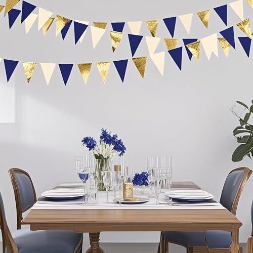 Image of Blue Gold Beige Hanging Triangle Flag Pennant Garland Blue Gold Hanging Paper Pennant Streamer Paper Triangle Flag Bunting Banner for Graduation Wedding Birthday Party Decorations 30 Feet
