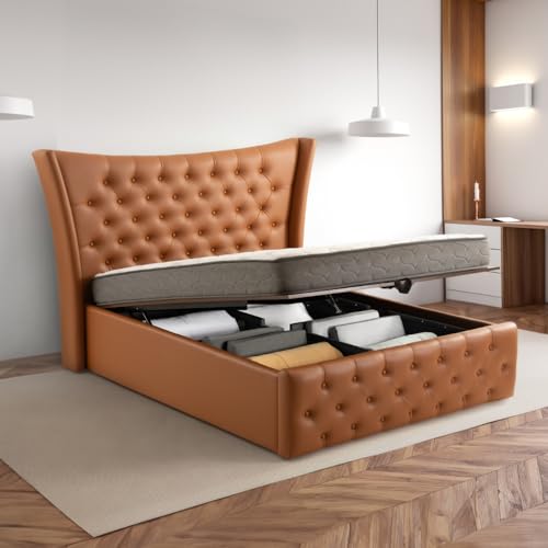 Image of Wakefit Bed | Queen (78 X 60) Solid Wood Bed, Upholstered, Hydraulic, 3 Year Warranty | - Lovejoy - Tan Brown