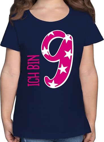 T-Shirt Mädchen - 9. Geburtstag - Ich Bin neun - 128 (7/8 Jahre) - Dunkelblau - geburtstagsshirt 9 Shirt zum 9.Geburtstag Jahre werde kindershirts Geschenk Tshirt Sieben t-Shirts Maedchen t schirt