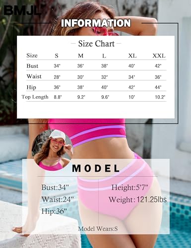 Image of BMJL Women's High Waisted Bikini Ribbed Two Piece Swimsuit High Cut Color Block Adjustable Straps Bathing Suit