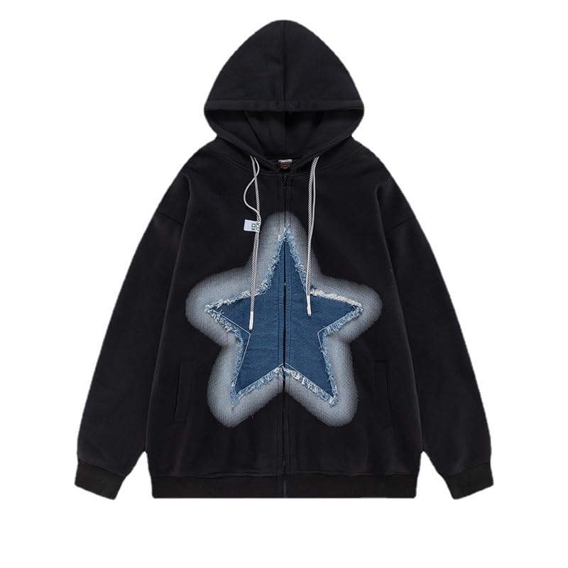 Vintage Grunge Star Denim Zip on Hoodies for Women Men Acubi Fashion Streetwear Unisex Punk Long Sleeve Coats