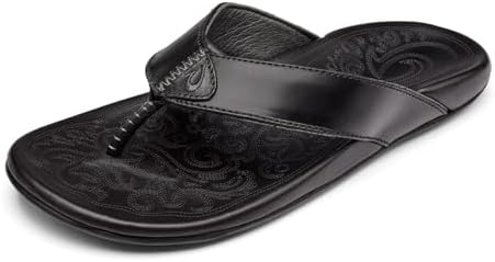 OLUKAI Mekila Men's Beach Sandals, Full-Grain Leather Flip-Flop Slides, Compression Molded Footbed & Comfort Fit, Enhanced Grip Soles