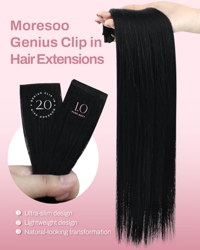 Image of Moresoo Human Hair Clip in Extensions, Seamless Genius Weft, Real Hair | Clip in hair extensions remy hair, jet black, 22inch 130g 7pcs, for weddings, deep black long volume for strong visual impact