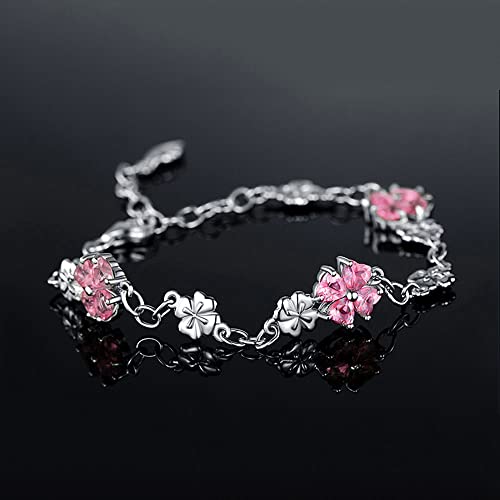 Image of JIANGXIN Lucky Four leaf clover 925 Sterling Silver Birthstone Chain Link Bracelet for Women Gemstone Jewelry Shamrock Birthday Gift 16+4cm