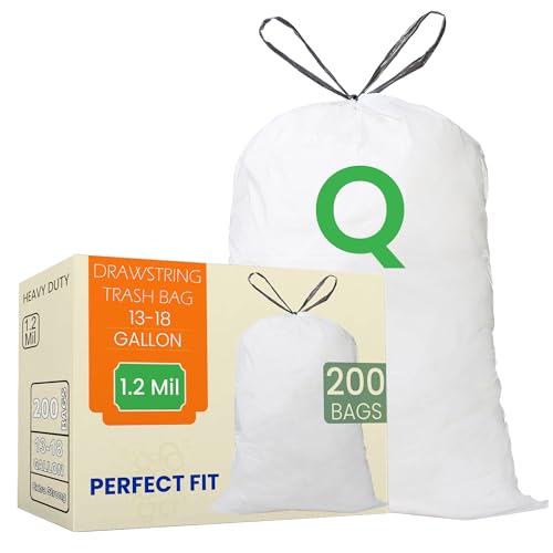 Image of Code Q (200 Count) 13-17 Gallon Heavy Duty Drawstring Trash Bags Compatible with simplehuman Code Q Garbage Can Liners 40-65 Liter | 1.2 Mil | White