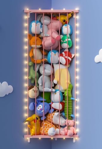 Image of GGUO Corner Stuffed Animal Storage Net - Stuffed Animals Holder with Lights - Plush Toy Organizer Hanging Stuffed Animal Hammock with Adjustable Length for Kids Room Playroom Bedroom Nursery Decor