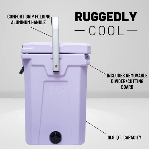 Camp-Zero 16L Tall Cooler/Ice Chest With 2 Molded-In Cup Holders & Folding Aluminum Handle | Thick Walled, Freezer Grade Cooler With Secure Locking System & Removable Divider (Lavender) #TOP2