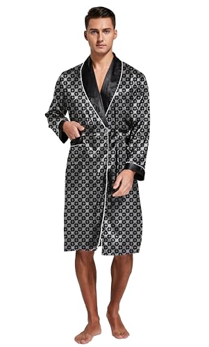 Image of TONY AND CANDICE Men's Satin Robe Lightweight Long Sleeve Silk Kimono Bathrobe with Shorts Set Sleepwear