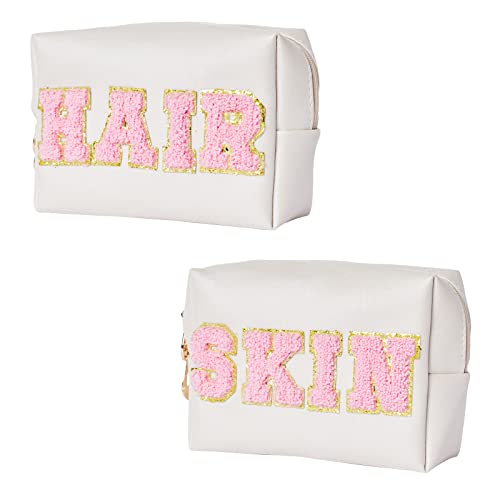 Burskit Preppy Patch Hair&Skin Portable Makeup Bag Bulk Pu Leather Cosmetic Bag Waterproof Travel Organizer Zipper Pouch Storage Purse For Women Girls Gift (Shell Gold) #TOP10