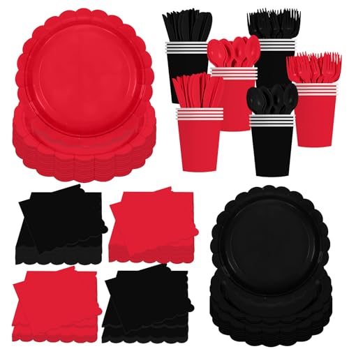 Uikeleexm 140Pcs Red and Black Party Supplies BlackRed Birthday Scalloped Plates and Napkins CarnivalDisposable Tableware Set for Wedding Fiesta HalloweenBirthday Party supplies Decor Serves 20