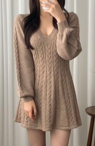 CHARTOU Women Fall Chunky Cable Knit V Neck Lantern Long Sleeve Pullover Sweater Dress2