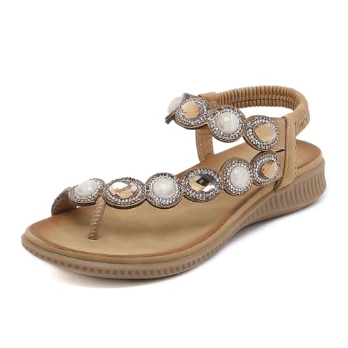 Summer Sandals for Women, Bohemian Beach Fashion Round Toe Crystal Floral Bunion Shoe for Women, Elastic Ankle Strap Open Toe Travel Shoes, for Outdoor Hiking Walking Beach