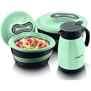Pinnacle Isolierte Auflaufform und auslaufsicherer Krug mit Deckel, 3teiliges Set, 2,6/1,5 qt. 750 ml Krug – Hot Pot Speisewärmer Kühler – ThermoSuppenSalatServierschüssel – Edelstahl Hot Food